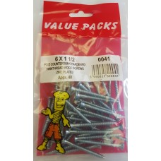 6 X 1 1/2'' Pozi Csk Hardened Twinthread Woodscrews Zinc 40 Per Pack