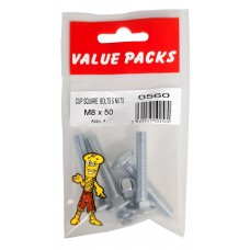 M8 X 50 Cup Square Bolts & Nuts Zinc 4 Per Pack