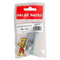 M8 X 80 Cup Square Bolts & Nuts Zinc 3 Per Pack