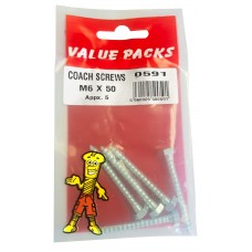 M6 X 50 Coach Screws Zinc 5 Per Pack