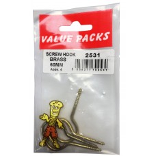 60mm Screw Hooks Brassed 4 Per Pack