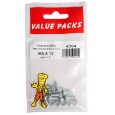 M5 X 12 Pozi Pan Machine Screws & Nuts 8 Per Pack