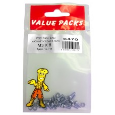 M3 X 8 Pozi Pan Machine Screws & Nuts 12 Per Pack