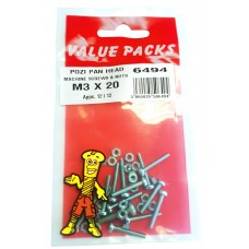 M3 X 20 Pozi Pan Machine Screws & Nuts 12 Per Pack