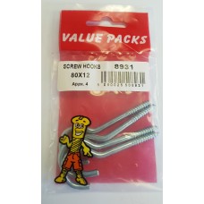  80mm x 12g  Screw Hooks Zinc 3 Per Pack