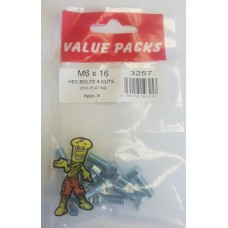 M6 X 16 Hex Bolts & Nuts Zinc 8 Per Pack