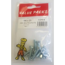 M6 X 25 Hex Bolts & Nuts Zinc 7 Per Pack