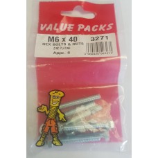 M6 X 40 Hex Bolts & Nuts Zinc 6 Per Pack