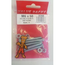 M6 X 50 Hex Bolts & Nuts Zinc 5 Per Pack