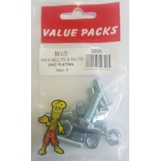 M8 X 25 Hex Bolts & Nuts Zinc 6 Per Pack