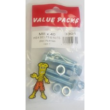 M8 X 40 Hex Bolts & Nuts Zinc 5 Per Pack