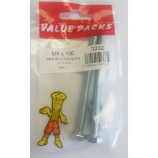 M8 X 100 Hex Bolts & Nuts Zinc 2 Per Pack