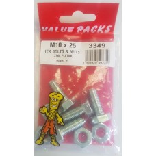 M10 X 25 Hex Bolts & Nuts Zinc 3 Per Pack