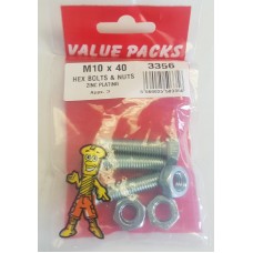 M10 X 40 Hex Bolts & Nuts Zinc 2 Per Pack