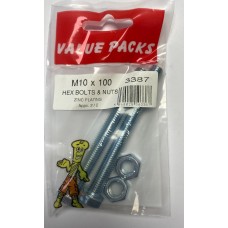 M10 X 100 Hex Bolts & Nuts Zinc 2 Per Pack