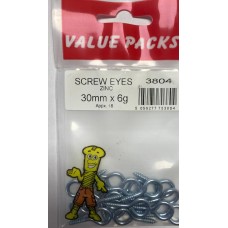 30mm x 6g Screw Eye Zinc 18 per pack