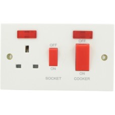 45A Dp Cooker Switch +13A  Switched Socket + Neon Sq White 1 Per Pack