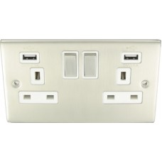 2G 13Amp Socket Usb Satin Chrome White Inserts 1 Per Pack